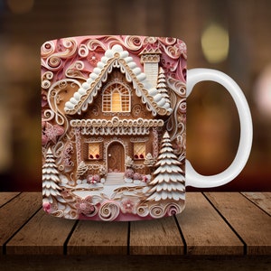 3D Gingerbread House Mug Sublimation, 3D Christmas 11oz, 15oz Mug Sublimation Wrap, Digital Download Mug PNG, Coffee Cup Tea Cup Wrap PNG
