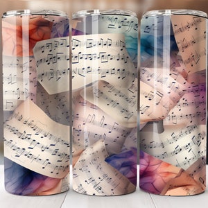 Music Sheet Tumbler with Flowers Alcohol Ink 20 oz Skinny Tumbler Sublimation Design Digital Download PNG Instant DIGITAL ONLY, Tumbler Wrap