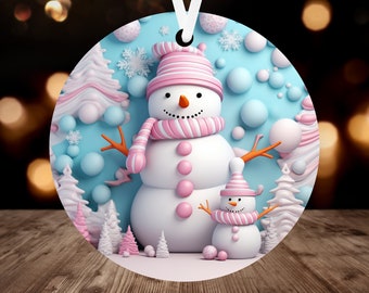 3D Snowman Christmas Ornament Sublimation PNG, Instant Digital Download, Christmas Round Ornament PNG Pastel Snowman Family Ornament