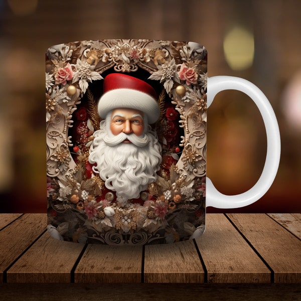 3D Santa Claus Mug Sublimation, 3D Christmas 11oz, 15oz Mug Sublimation Wrap, Digital Download Mug PNG, Coffee Cup Tea Cup Wrap PNG