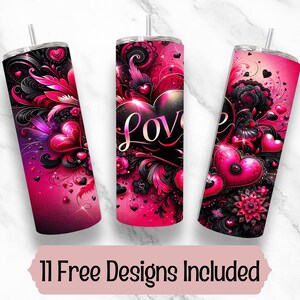 May include: Three pink and black stainless steel tumblers with a heart and floral design. The tumblers have a clear lid and a straw. The tumblers have the word "Love" on them.