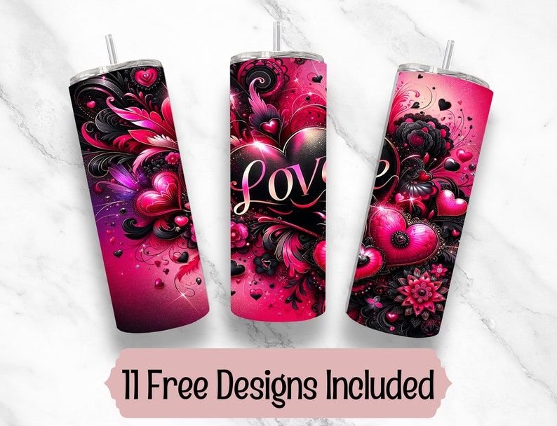 May include: Three pink and black stainless steel tumblers with a heart and floral design. The tumblers have a clear lid and a straw. The tumblers have the word "Love" on them.