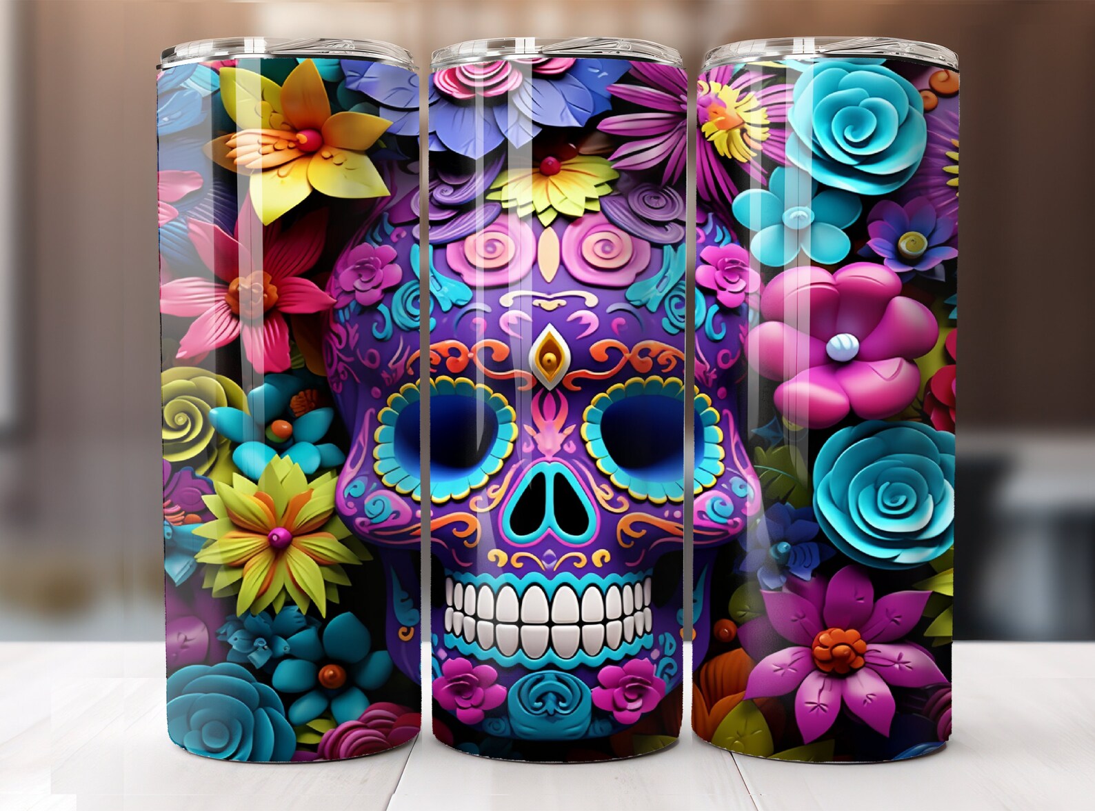 3D Purple Sugar Skull Tumbler Wrap Florals Butterflies 20 Oz Skinny ...