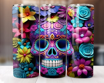 3D Purple Sugar Skull Tumbler Wrap Florals Butterflies 20 oz Skinny Tumbler Sublimation Design Digital Download PNG Instant DIGITAL ONLY