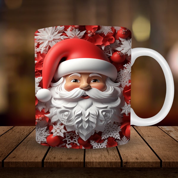3D Santa Claus Mug Sublimation, 3D Christmas 11oz, 15oz Mug Sublimation Wrap, Digital Download Mug PNG, Coffee Cup Tea Cup Wrap PNG