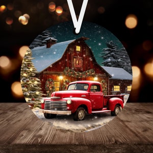 3D Red Truck Christmas Ornament Sublimation PNG, 300 dpi, Instant Digital Download, Christmas Round Ornament PNG Antique Christmas Barn