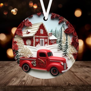 3D Truck Christmas Ornament Sublimation PNG, 300 dpi, Instant Digital Download, Christmas Round Ornament PNG Antique Christmas Barn Truck