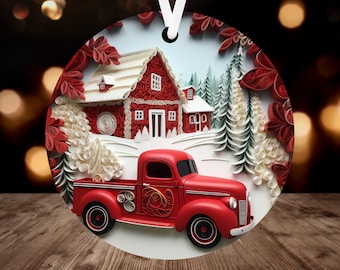 3D Truck Christmas Ornament Sublimation PNG, 300 dpi, Instant Digital Download, Christmas Round Ornament PNG Antique Christmas Barn Truck