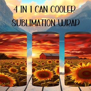 Sunflower  4 in 1 Can Cooler Sublimation PNG, 4 in 1 Cooler Tumbler Cup Wrap Design Download, Cute Highland Cow Sunflower Floral Can PNG