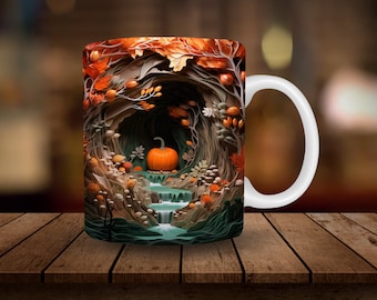 3D Pumpkin Cave Mug Sublimation, 3D Halloween 11oz, 15oz Mug Wrap Digital Download PNG, 3D Break Through Coffee Cup Tea Cup Wrap