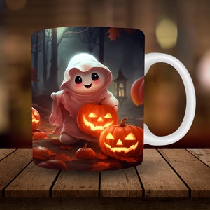 3D Ghost Mug Sublimation, 3D Halloween Fall 11oz, 15oz Mug Wrap, Digital Download Mug PNG, 3D Coffee Cup Tea Cup Wrap PNG