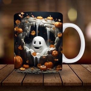 3D Ghost Mug Sublimation, 3D Halloween Fall 11oz, 15oz Mug Wrap, Digital Download Mug PNG, 3D Coffee Cup Tea Cup Wrap PNG Break Through