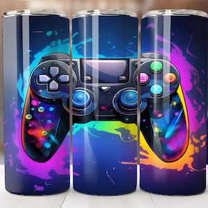 Neon Gamer Tumbler sublimeringsdesigner nedladdning PNG, Game Tumbler Wrap, Slim 20 oz Tumbler Design PNG, Spelkontroll