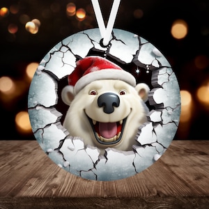 3D Polar Bear Christmas Ornament Sublimation PNG, Instant Digital Download, Christmas Round Ornament Break through Polar Bear Ornament PNG