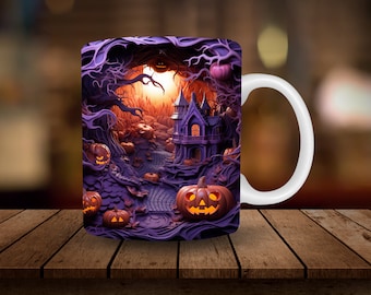 Sublimación de taza de casa embrujada 3D, Otoño de Halloween 3D 11oz, Envoltura de taza de 15oz, Descarga digital PNG Agujero 3D en la pared Taza de café Taza de té Envoltura PNG