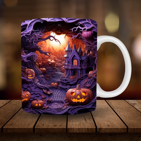 3D Haunted House Mug Sublimation, 3D Halloween Fall 11oz, 15oz Mug Wrap, Digital Download PNG 3D Hole In Wall Coffee Cup Tea Cup Wrap PNG