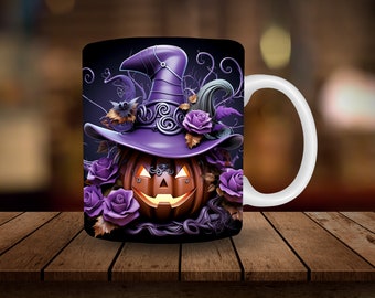 Sublimación de taza de calabaza 3D, Otoño de Halloween 3D 11 oz, Envoltura de taza de 15 oz, Taza de descarga digital PNG, Taza de café 3D Taza de té Envoltura PNG Agujero en la pared