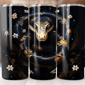 Snake 20 oz Skinny Tumbler Sublimation Design, Straight Tumbler Wrap, Instant Digital Download PNG Black Floral Snake Tumbler PNG