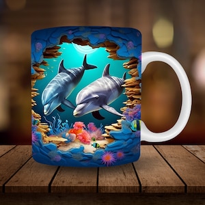 Sublimazione della tazza del delfino 3D, 11 once, 15 once Involucro della tazza Download digitale Tazza PNG, 3D Ocean Beach Break Through Dolphins Tazza di caffè Tazza di tè Wrap PNG