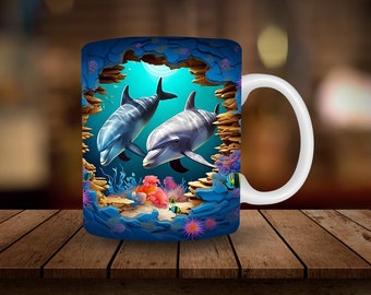 Sublimation de tasse de dauphin 3D, 11 oz, 15 oz Mug Wrap Téléchargement numérique Mug PNG, 3D Ocean Beach Break Through Dolphins Coffee Cup Tea Cup Wrap PNG