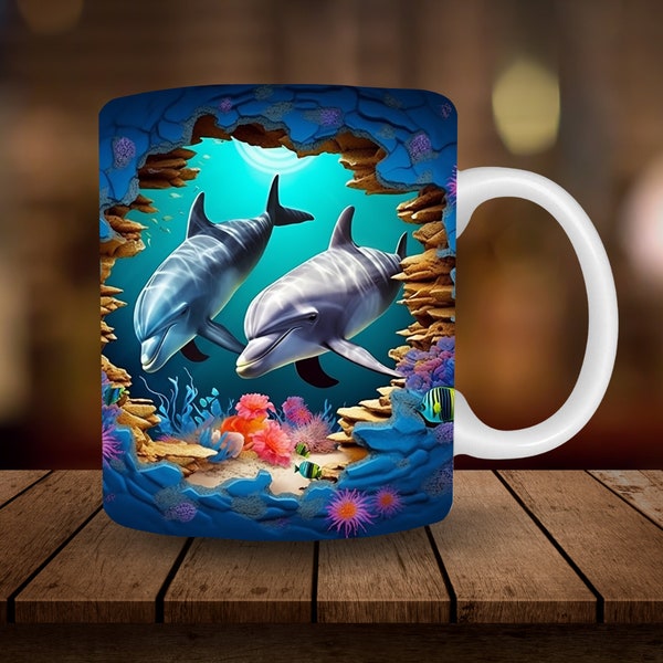 3D Dolphin Mug Sublimation, 11oz, 15oz Mug Wrap Digital Download Mug PNG, 3D Ocean Beach Break Through Dolphins Coffee Cup Tea Cup Wrap PNG