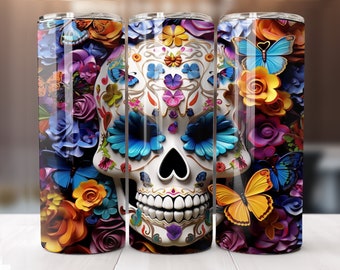 3D Sugar Skull Tumbler Wrap , Florals, and Butterflies 20 oz Skinny Tumbler Sublimation Design Digital Download PNG Instant DIGITAL ONLY