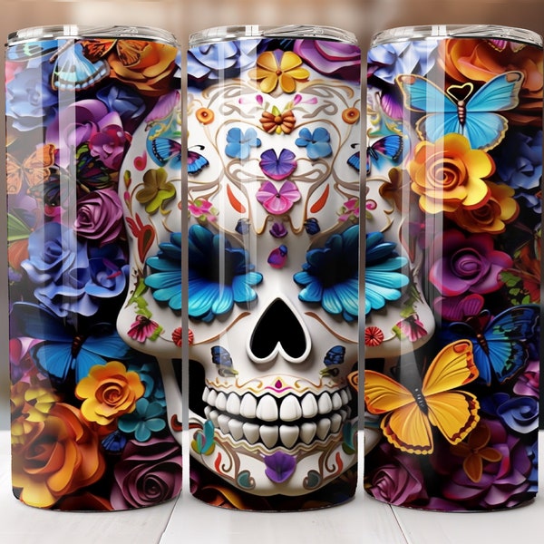 3D Sugar Skull Tumbler Wrap , Florals, and Butterflies 20 oz Skinny Tumbler Sublimation Design Digital Download PNG Instant DIGITAL ONLY