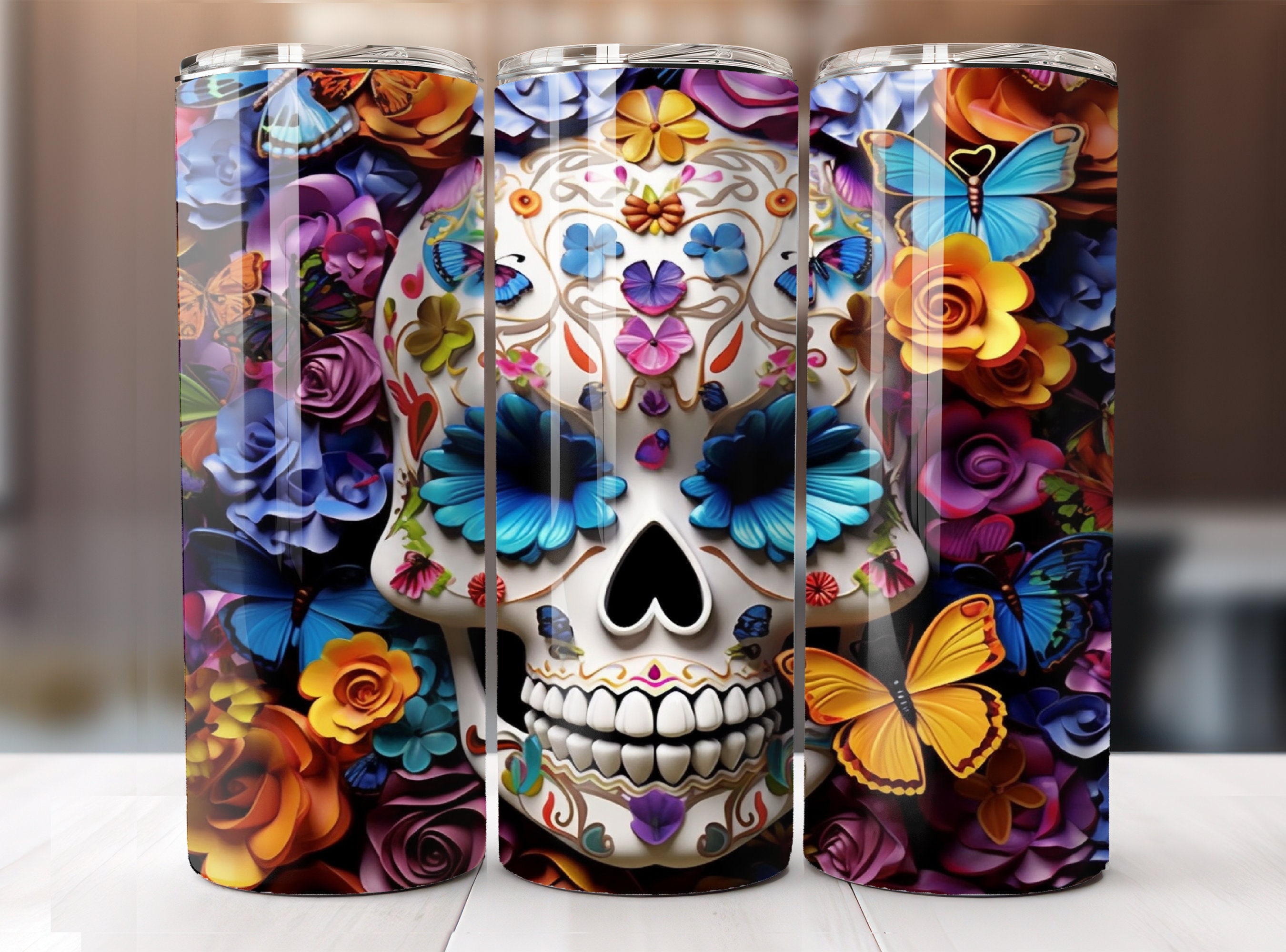 40 oz Tumbler with Handle - Sugar Skull and Roses Full Wrap Pattern