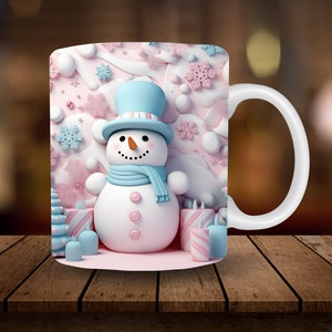 Sublimación de taza de muñeco de nieve pastel 3D, Navidad 3D 11 oz, envoltura de sublimación de taza de 15 oz, taza de descarga digital PNG, taza de café envoltura de taza de té PNG