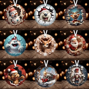 Paquete de adornos 3D Break Through Sublimación PNG Paquete, Descarga digital instantánea, Adorno redondo de Navidad PNG Paquete 9 Diseños