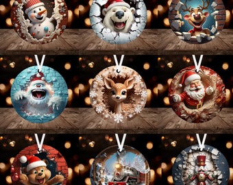 3D Break Through Ornament Bundle Sublimation PNG Bundle, Instant Digital Download, Christmas Round Ornament PNG Bundle 9 Designs