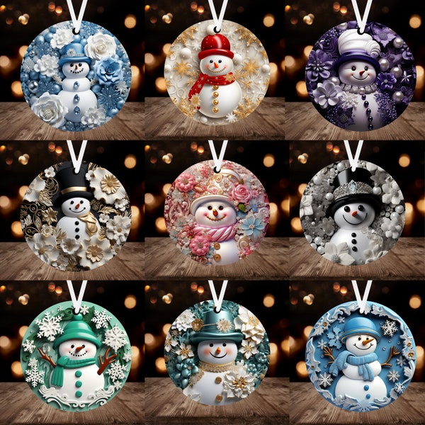 3D Snowman Ornament Bundle Sublimation PNG Bundle, Instant Digital Download, Christmas Round Ornament PNG Bundle 9 Designs