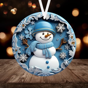 3D Snowman Christmas Ornament Sublimation PNG, Instant Digital Download, Christmas Round Ornament PNG Blue Snowman Ornament