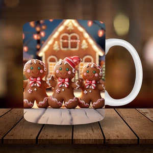 3D Gingerbread Men Mug Sublimation, 3D Christmas 11oz, 15oz Mug Sublimation Wrap, Digital Download Mug PNG, Coffee Cup Tea Cup Wrap PNG