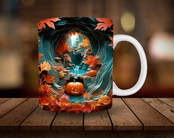May include: A white ceramic mug featuring a Halloween-themed design. The design depicts a carved pumpkin with a spooky face, surrounded by autumn leaves and a cave-like opening with a waterfall.