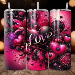 May include: A pink and black stainless steel tumbler with a design of hearts, flowers, and the word "LOVE".