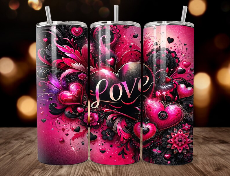 May include: A pink and black stainless steel tumbler with a design of hearts, flowers, and the word "LOVE".