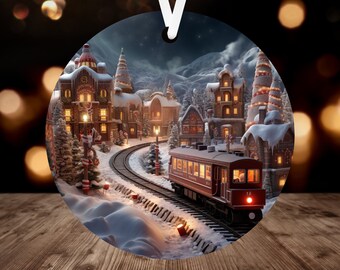 3D Christmas Village Ornament Sublimation PNG, 300 dpi, Instant Digital Download, Christmas Round Ornament PNG Christmas Village Train PNG