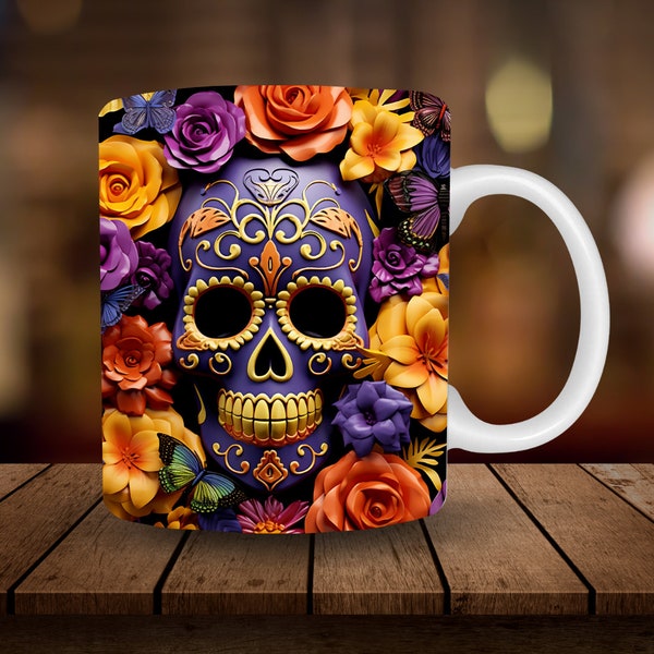 3D Sugar Skull Mug Sublimation, 3D Halloween 11oz, 15oz Mug Sublimation Wrap, Digital Download Mug PNG, 3D Coffee Cup Tea Cup Wrap PNG