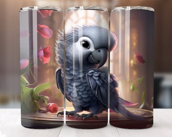 3D Grey Parrot 20 oz Skinny Tumbler Sublimation Design, Straight Tumbler Wrap, Instant Digital Download PNG, 3D Cute Bird Tumbler PNG