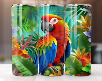 3D Parrot 20 oz Skinny Tumbler Sublimation Design, Straight Tumbler Wrap, Instant Digital Download PNG