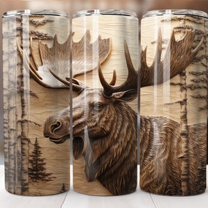 3D Moose Tumbler PNG, 20 oz Skinny Tumbler Sublimation Design, Instant Digital Download PNG, Straight Tumbler Wrap, Wooden Moose Wrap