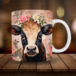 Floral Cow Mug Sublimation, 3D 11oz, 15oz Mug Sublimation Wrap, Digital Download Mug PNG, Baby Cow Coffee Cup Tea Cup Wrap Cute Cow PNG