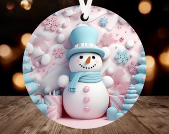 3D Snowman Christmas Ornament Sublimation PNG, Instant Digital Download, Christmas Round Ornament PNG Pastel Snowman Ornament