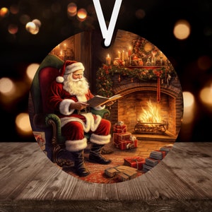 Santa Claus Christmas Ornament Sublimation PNG, 300 dpi, Instant Digital Download, Christmas Round Ornament PNG Classic Santa&#39;s List by Fire
