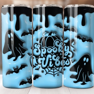 3D Spooky Vibes Inflated Tumbler 20 oz Skinny Tumbler Sublimation Design Digital Download PNG Instant DIGITAL ONLY, 3D Puff Bat Ghost Wrap