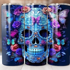 3D Skull Tumbler Wrap , Florals, and Butterflies 20 oz Skinny Tumbler Sublimation Design Digital Download PNG, Blue Halloween Sugar Skull