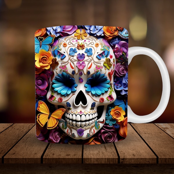 3D Sugar Skull Mug Sublimation, 3D Halloween 11oz, 15oz Mug Sublimation Wrap, Digital Download Mug PNG, 3D Coffee Cup Tea Cup Wrap PNG