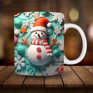 3D Snowman Mug Sublimation, 3D Christmas 11oz, 15oz Mug Sublimation Wrap, Digital Download Mug PNG, Coffee Cup Tea Cup Wrap PNG