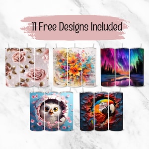May include: A collection of eleven stainless steel tumblers with various designs. The designs include roses, musical notes with flowers, aurora borealis, an owl, and a parrot. Each tumbler has a silver straw and the text "11 Free Designs Included".